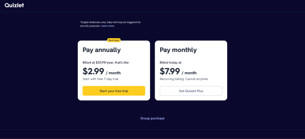 A screenshot of the Quizlet paywall