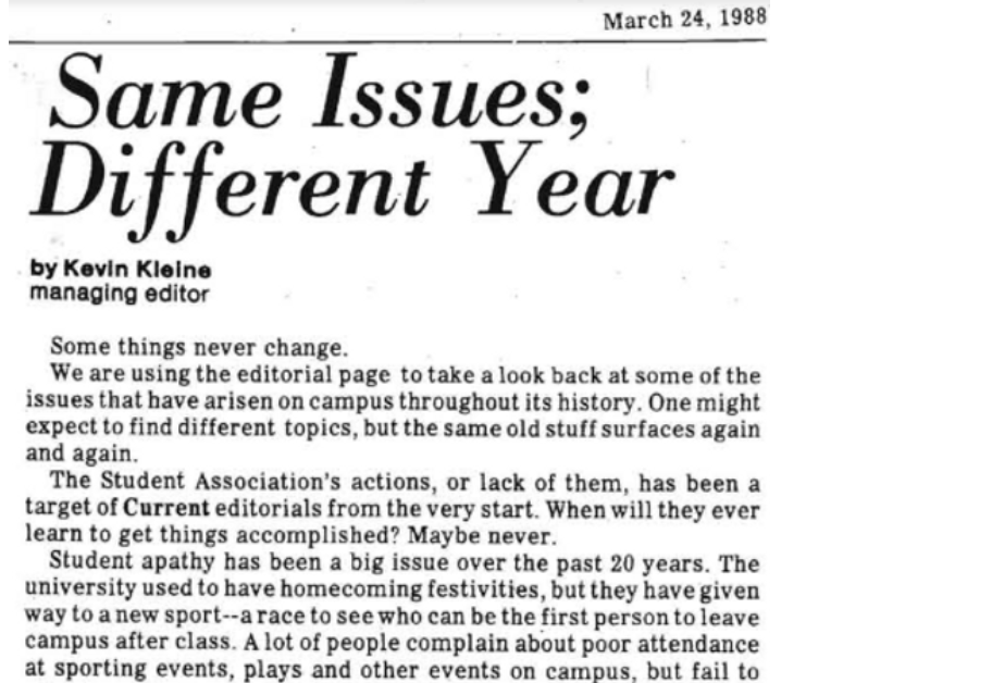 In a publication of The Current from March 1988, former Managing Editor Kevin Kleine stated plainly that student apathy has plagued the UMSL campus since the school’s inception. 