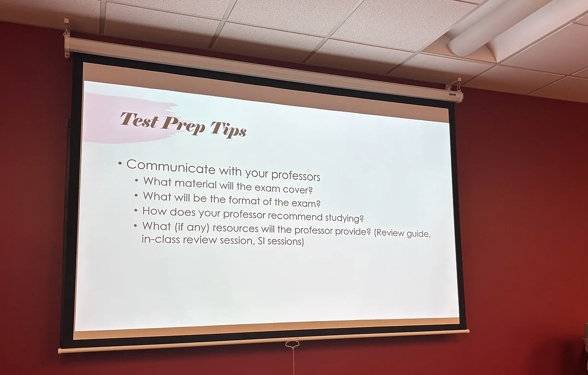 Test prep tips and active recall were presented at this workshop.