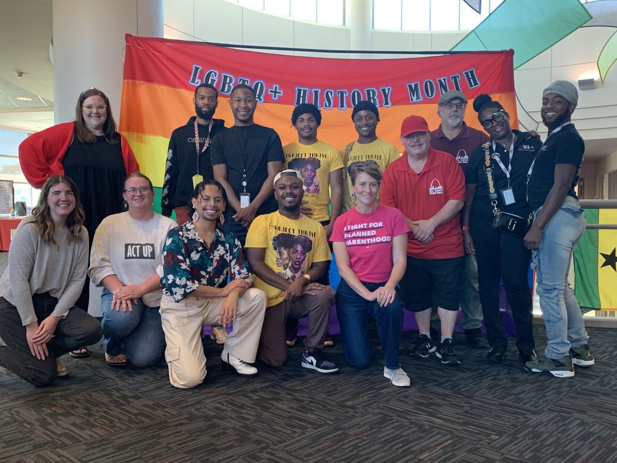 A group of LGBTQ+ community organizations pictured at the LGBTQ+ History Month Kickoff and Expo on Wednesday, October 2nd. Groups present include Williams & Associates; Vivent Health; The Spot; Project Thrive!; Pride Alliance; UMSL Health, Counseling, and Disability Access Services; and UMSL LGBTQ+ and Diversity Initiatives