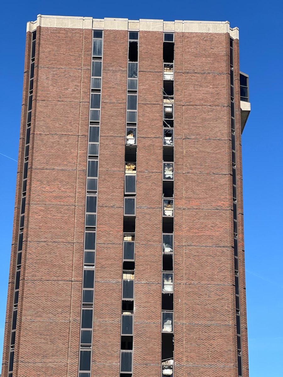 The windows are being removed from the SSB Tower as it is deconstructed. 