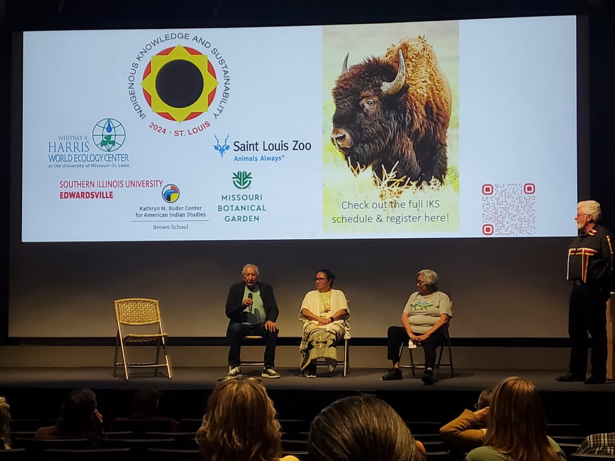 From left to right: Leroy Little Bear, Roxann Smith and Jonny Bearcub Stiffarm doing an audience Q & A after their presentations at the Harris Conservation Forum at the St. Louis Zoo on October 9th, 2024.