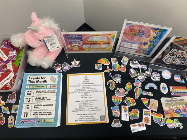 A table with stickers, temporary tatoos and candy