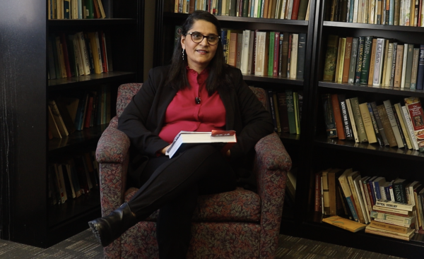 Namita sitting down for an interview