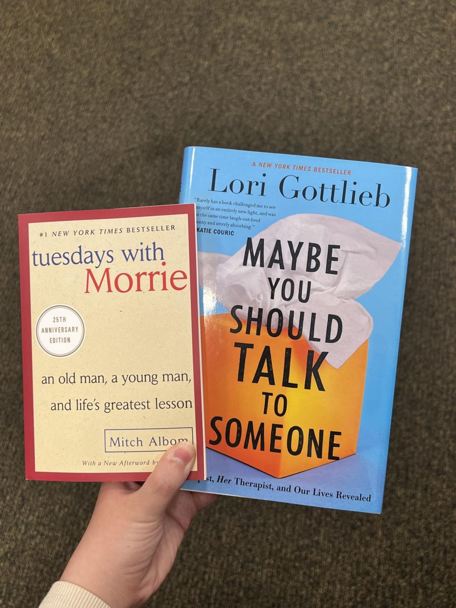 "Tuesdays with Morrie" and "Maybe You Should Talk to Someone" book covers. 