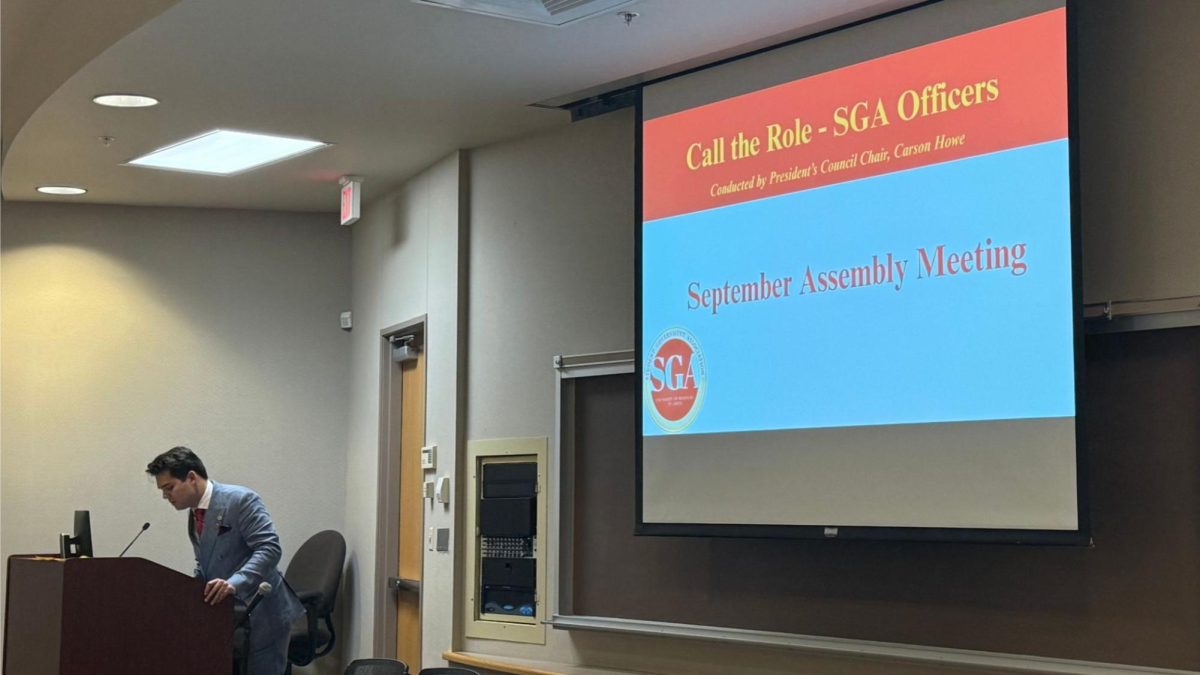 SGA Chair Carson Howe welcoming the first assembly